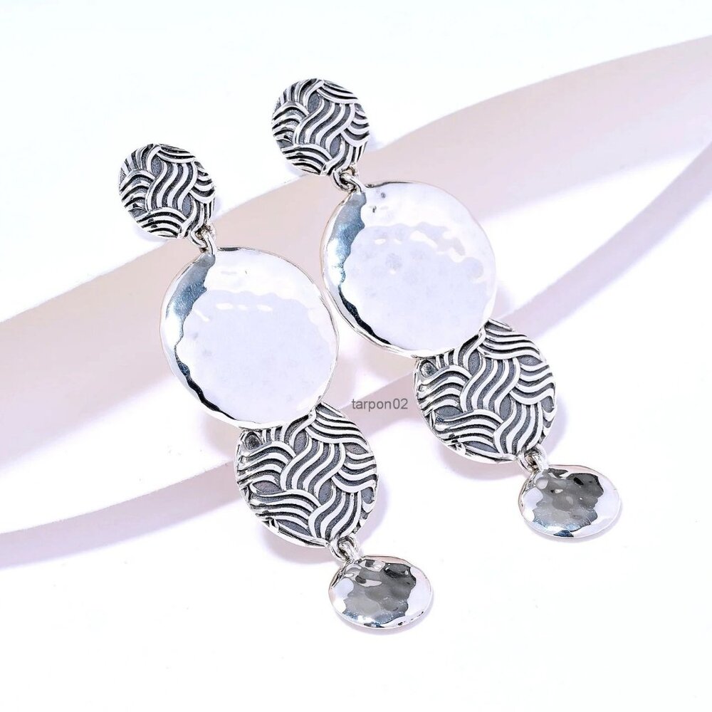 John Hardy JAI Wave + Hammered Disk Dangle Sterling Silver Earrings, 1-1/2" NWT